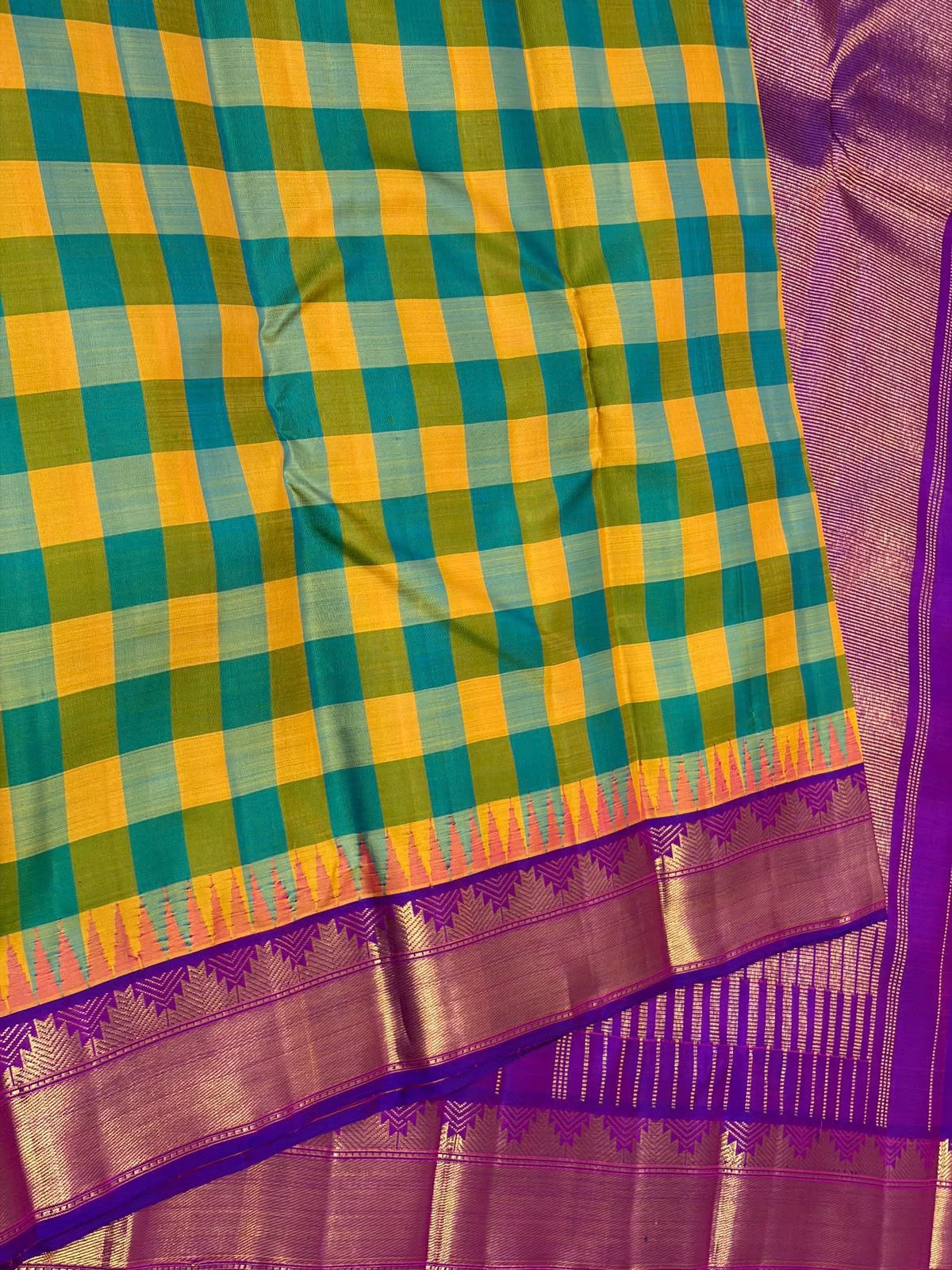 Teal Mustard Big Kattam Korvai Contrast Kanchipuram Silk Saree